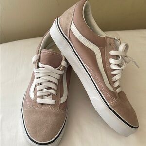 Vans Tan and White Sneakers with Suede Upper and Classic Stripe